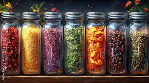 Colorful Assorted Spices and Grains in Glass Jars on Wooden Shelf