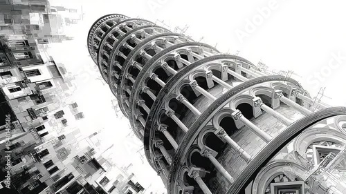 Abstract Black and White Architectural Drawing of the Leaning Tower of Pisa, Italy