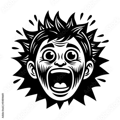 Illustration of a screaming man face with horror expression for panic attack and fear concept art