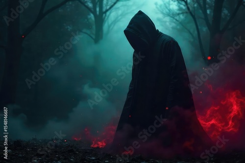 A shadowy figure shrouded in darkness, embodying temptation and moral failings, symbolizing the seductive nature of vice and the consequences of indulgence , envy, vice