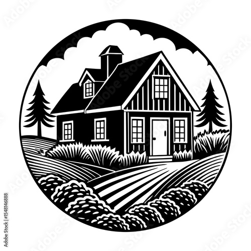 Cozy countryside house illustration with trees and fence, Black and white artwork of a charming house surrounded by trees, shrubs, and a picket fence, symbolizing rural living and homestead serenity.
