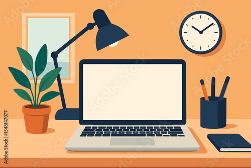 Modern Workspace Laptop, Desk, Plant, and Office Supplies Illustration