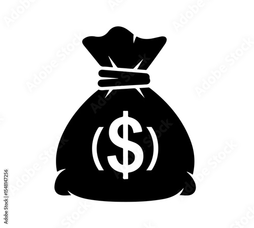 Black Money Bag with Dollar Sign Icon. icon depicting a tied money bag with a prominent dollar ($) sign, symbolizing wealth, savings, banking, and financial success.