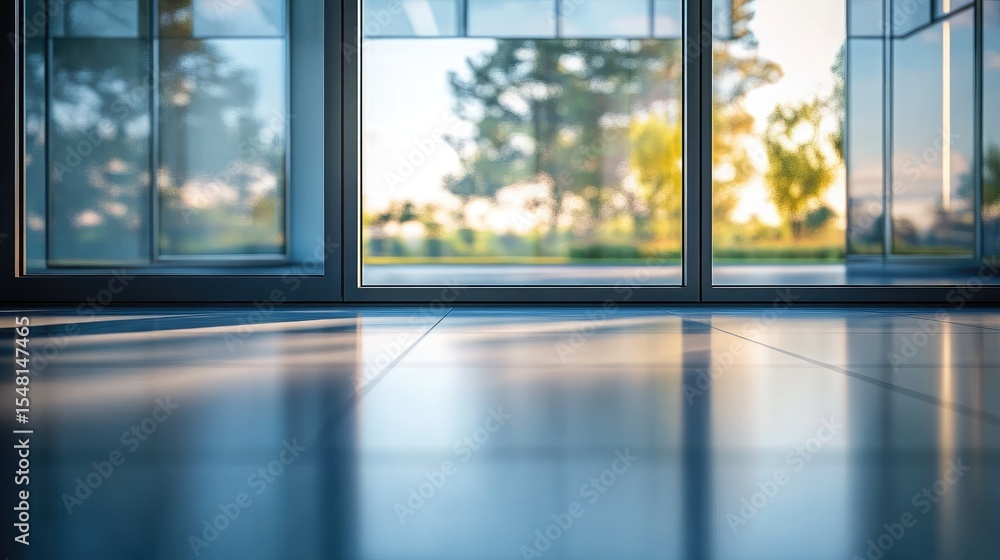 Fototapeta premium Glass sliding patio doors with morning sunlight casting reflections on floor