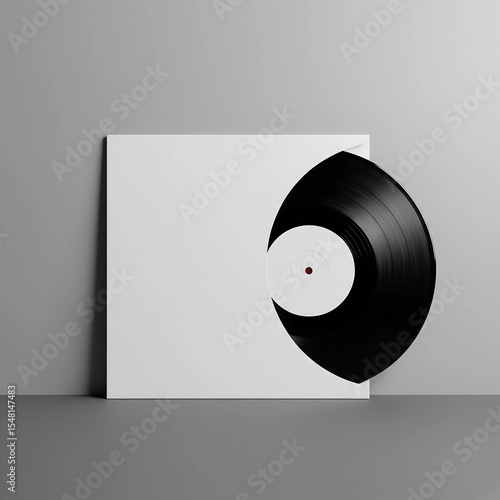 Black Vinyl Record Partially in White Sleeve - Music Album Mockup - Retro Audio Presentation