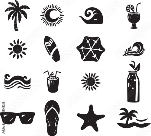 Black and White Vector Silhouette Set of Summer Holiday Beach Elements Including Umbrella Palm Tree Flip Flops and Surfboard for Vacation and Travel Themed Designs