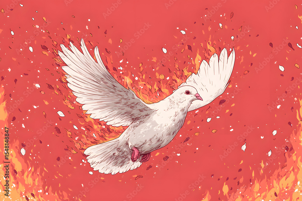 Fototapeta premium White dove in fire in the war. World peace day. Stop war in Ukraine. Peace crisis, no war, equality and love concept. Hiroshima Day. Background for banner, slogan, card, poster