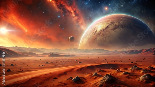 Hyper-realistic Mars surface panorama with dust storms n space