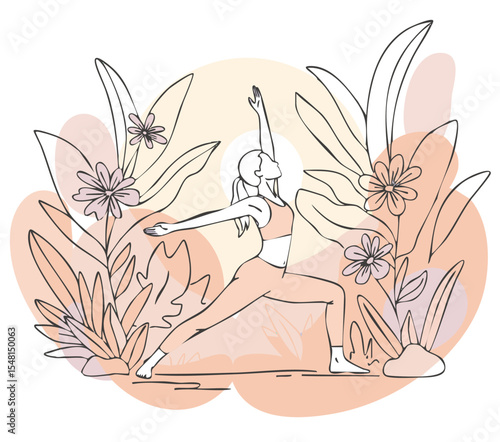 A woman practicing yoga in a beautiful morning tropical garden with warm pastel color.