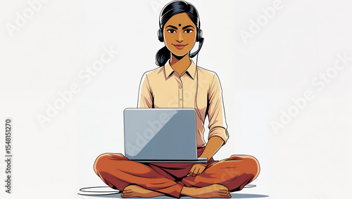 Indian woman with headset sits crosslegged with laptop in lap