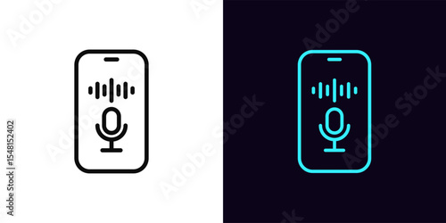 Outline smartphone voice control icon, with editable stroke. Phone screen with microphone icon and sound wave, voice activation and search control. Voice assistant, speech recognition. Vector icon