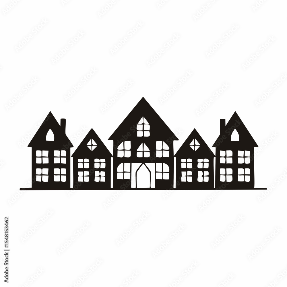 Black And White Silhouette Illustration Of A Row Of Houses Black And White Silhouette Illustration Of A Row Of Houses