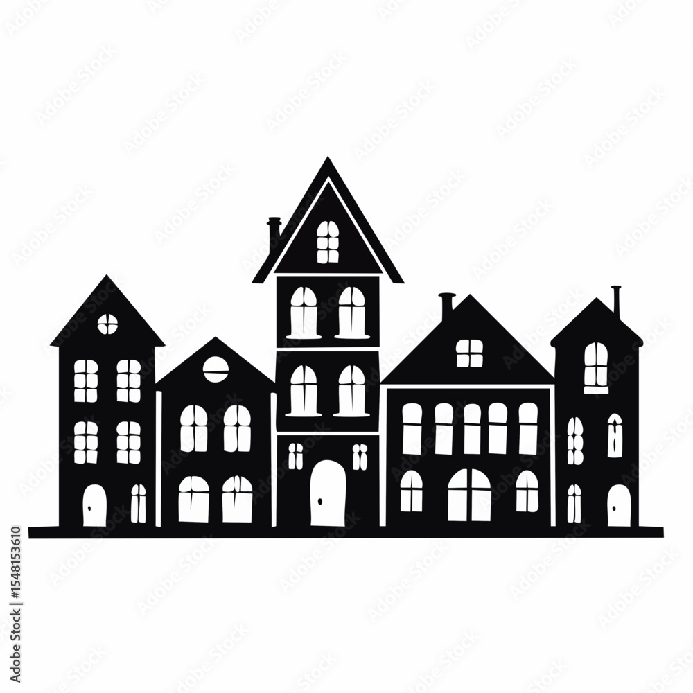 Black and White Silhouette of a Row of Houses Black and White Silhouette of a Row of Houses