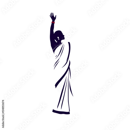 Indian woman in traditional sari with raised arm

