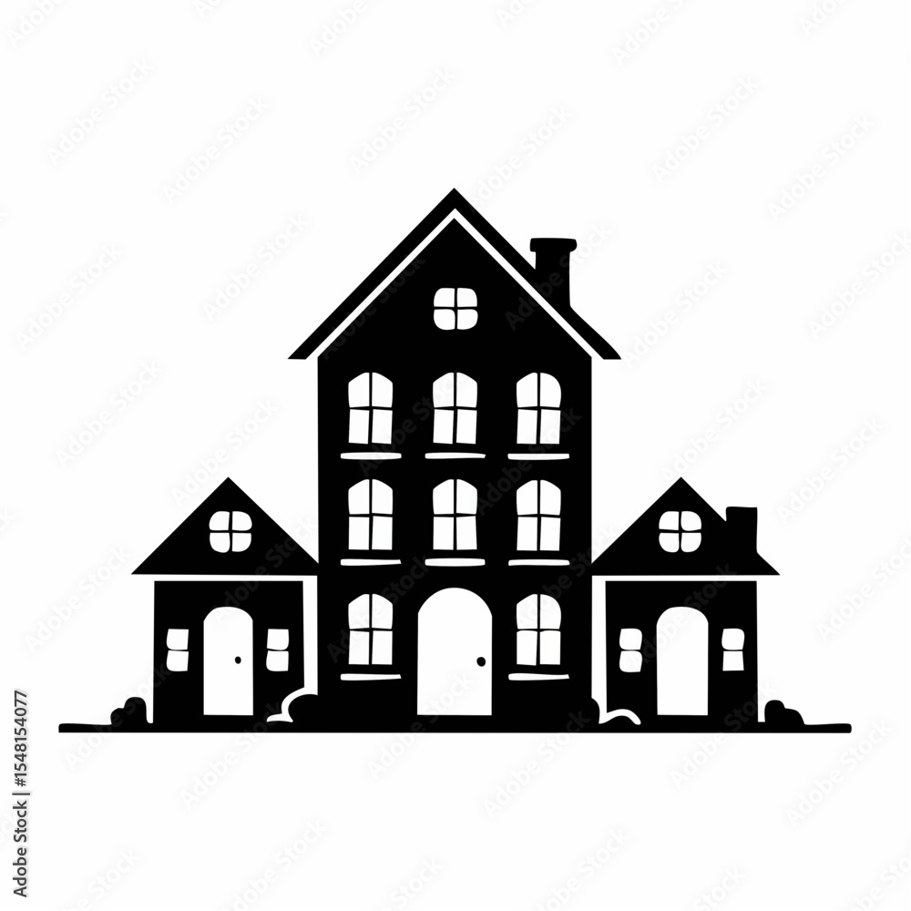 Black Silhouette of Three Houses on White Background Black Silhouette of Three Houses on White Background