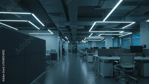 Modern office interior with blue lighting and empty workspaces  