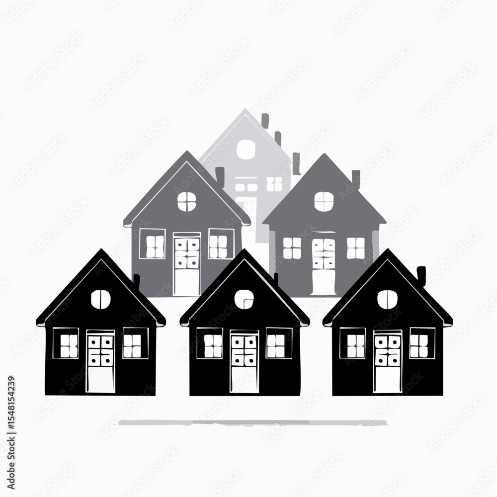 Cluster of Monochrome Houses Illustration Cluster of Monochrome Houses Illustration