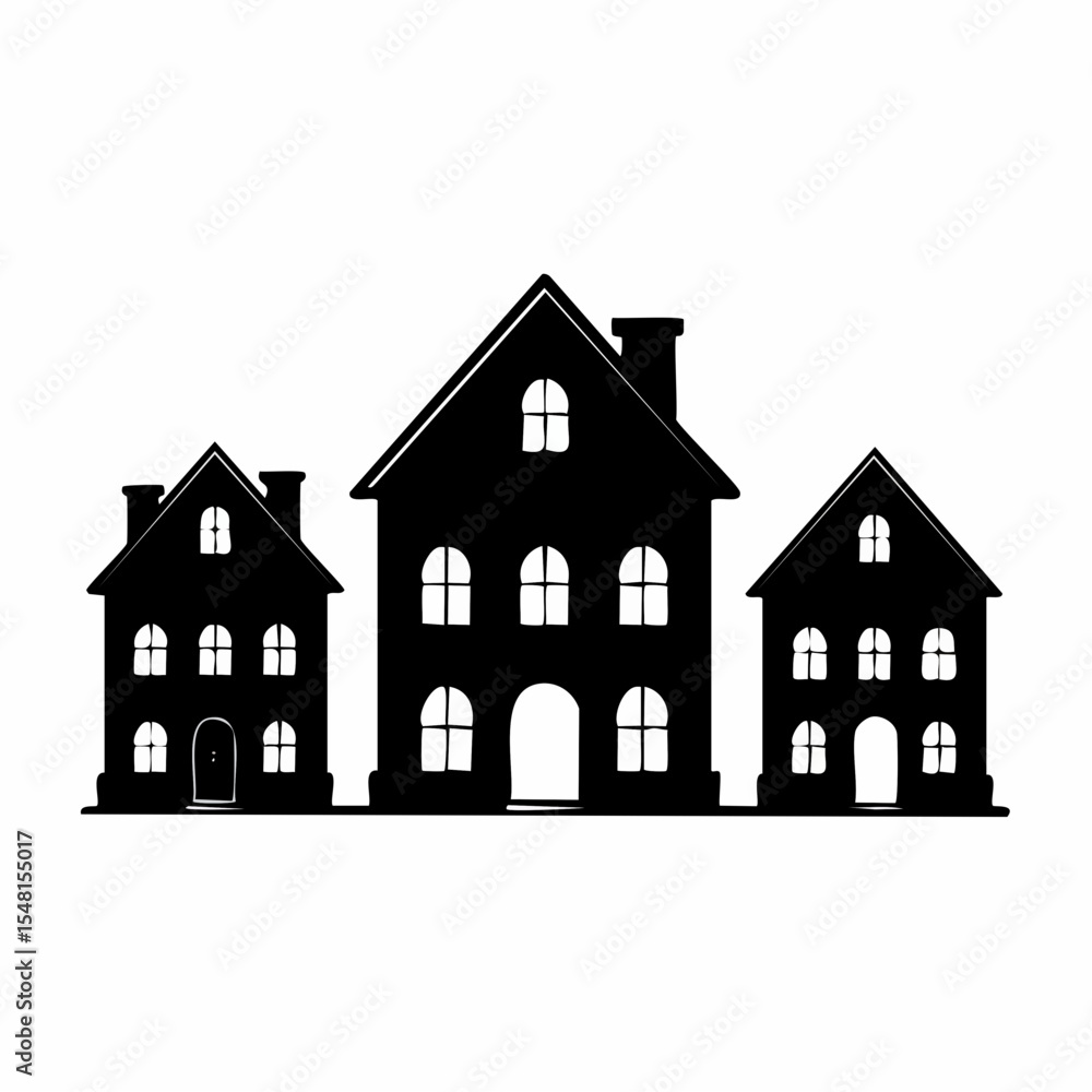 Three Black Silhouette Houses Illustration Three Black Silhouette Houses Illustration