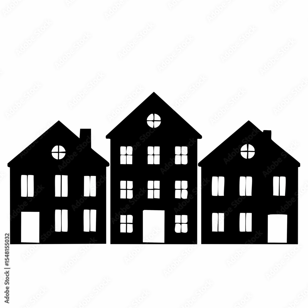 Three Black Silhouette Houses Simple Minimalist Illustration Three Black Silhouette Houses Simple Minimalist Illustration