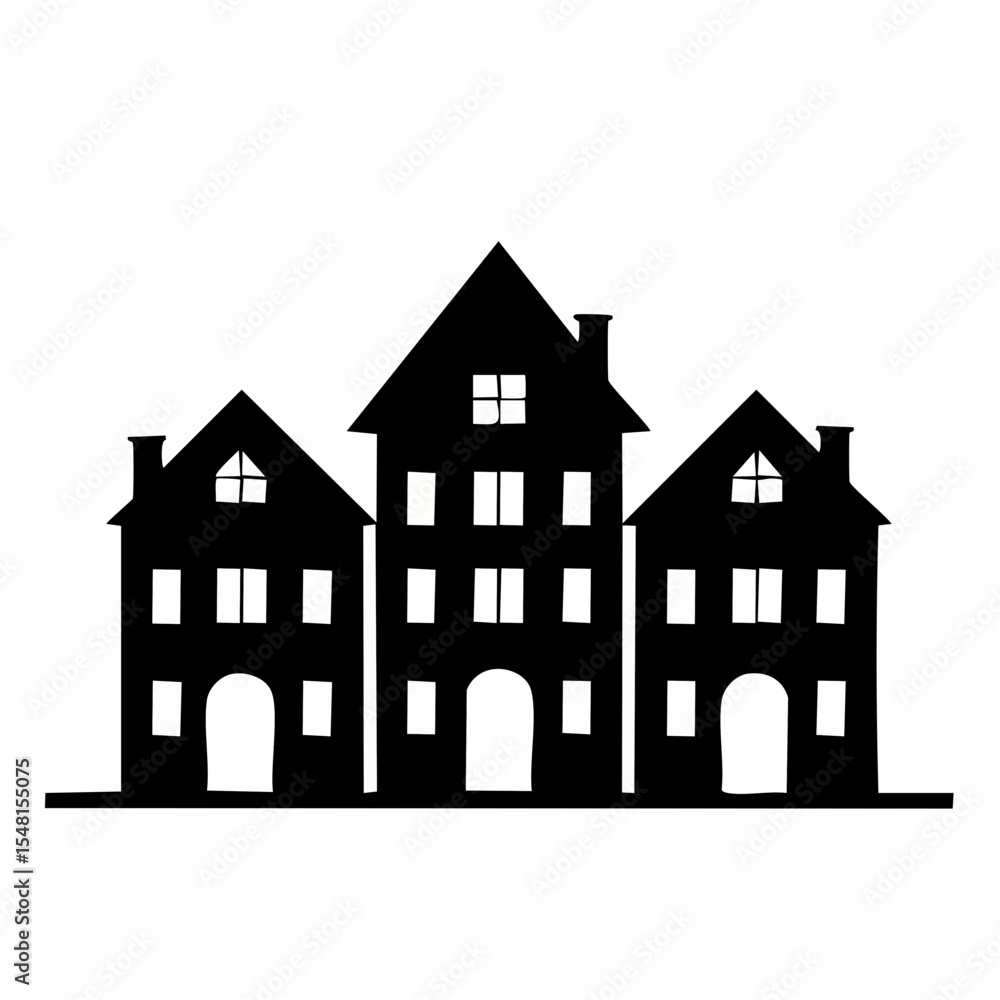 Three Black Silhouettes of Houses in a Row Three Black Silhouettes of Houses in a Row