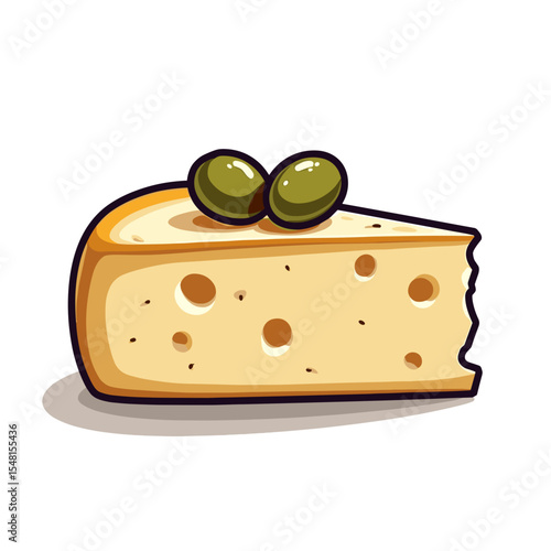 Cartoon Illustration of a Slice of Swiss Cheese with Green Olives on Top, Delicious Food