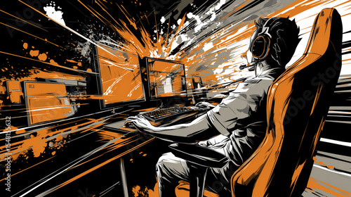 Energetic gamer illustration in comic style, man in headset playing on PC with explosive orange and black abstract background, dynamic esports concept
