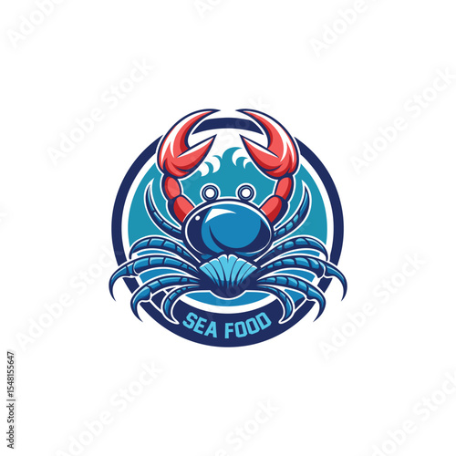 Seafood restaurant logo design with red crab and ocean waves illustration – nautical marine emblem, coastal seafood eatery branding icon, clean minimalist vector for food businesses.