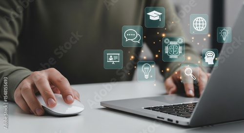 A person using a laptop to access educational icons representing learning innovation online training and digital education