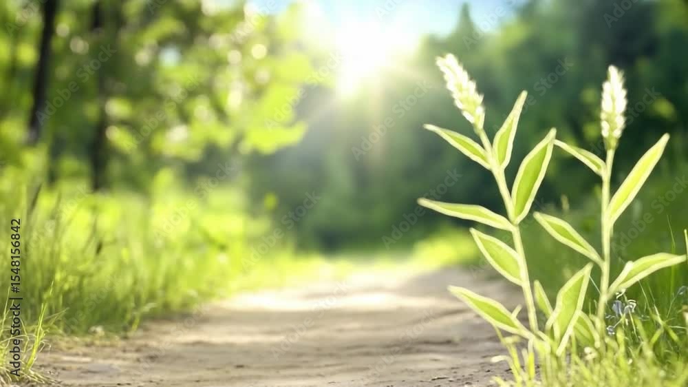 Sunlit Forest Path: A tranquil forest path gently winds through a sun-dappled landscape, with vibrant green foliage and a sunlit meadow in the background. A single plant stands in the foreground. Sunlit Forest Path: A tranquil forest path gently winds through a sun-dappled landscape, with vibrant green foliage and a sunlit meadow in the background. A single plant stands in the foreground.