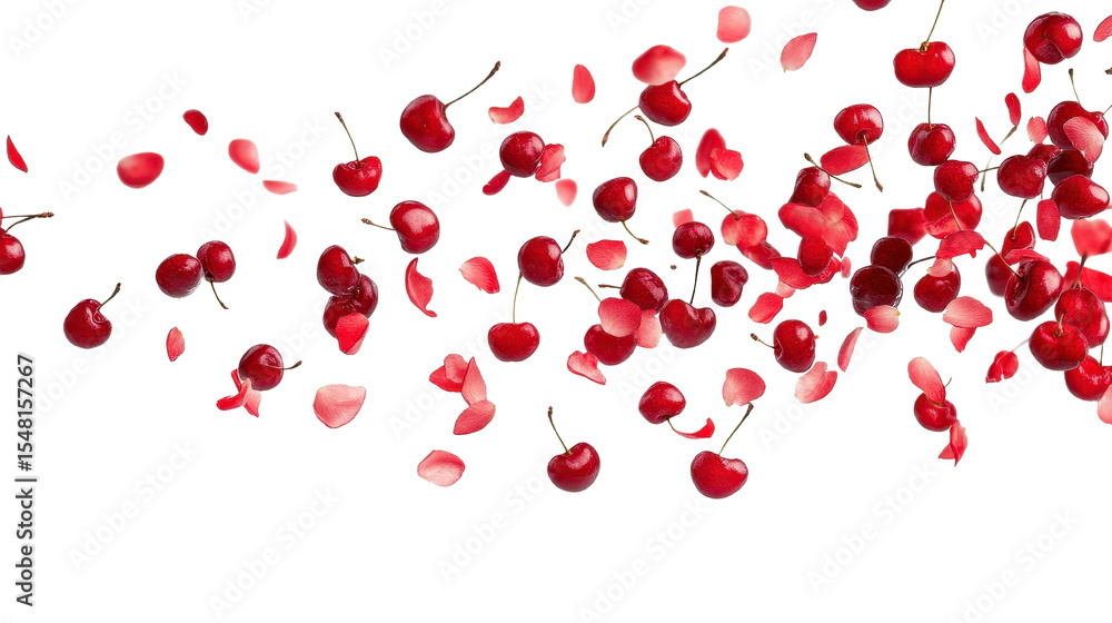 Cherries floating in the air, isolated on transparent background Cherries floating in the air, isolated on transparent background