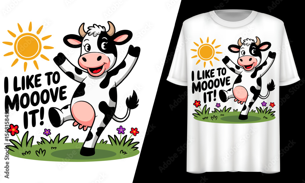 Dancing Cow, I Like to Mooove It, T-Shirt Design. Dancing Cow, I Like to Mooove It, T-Shirt Design.