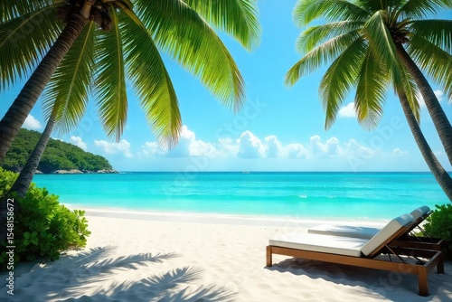 Sun-drenched beach scene with turquoise water  lush palm trees  and a luxurious private villa overlooking the ocean Perfect for escapism and relaxation   serenity  tropical  sea