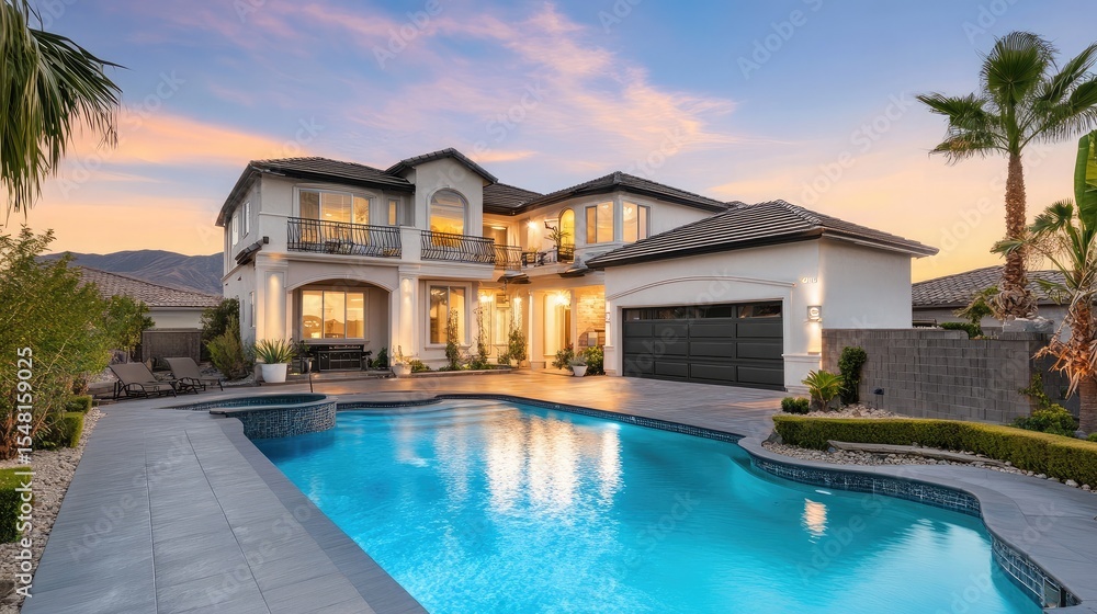 Fototapeta premium Curved pool and landscaping beside elegant home with custom garage doors in soft evening hues