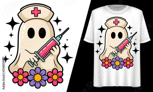 Cute Nurse Ghost with Syringe and Flowers, T-Shirt Design.

