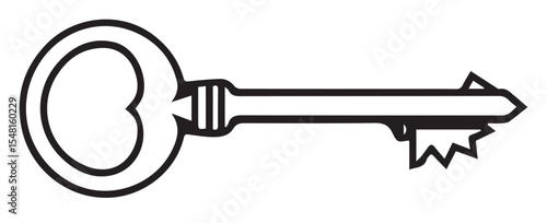 A simple black and white vector outline of an old-fashioned key with an ornate head and jagged teeth.