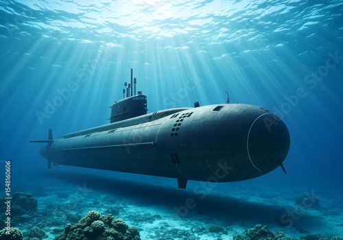 underwater military submarine cruising deep in ocean with rays of sunlight above
