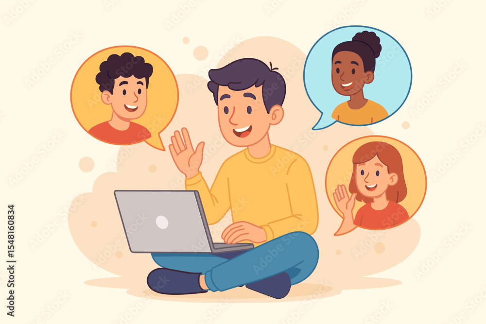 Man sitting with laptop on a group video call with multicultural friends. Virtual communication, online meeting, social networking, and webinar concept. Friends in speech bubbles. Man sitting with laptop on a group video call with multicultural friends. Virtual communication, online meeting, social networking, and webinar concept. Friends in speech bubbles.