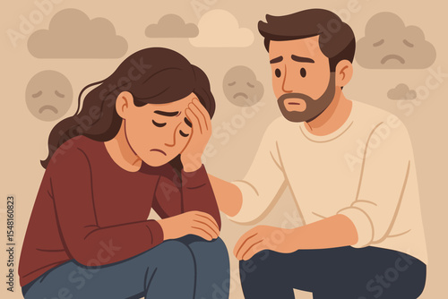 Man comforting a sad, depressed woman. Supportive friend or partner offering help and care. Concept of empathy, mental health, psychology, anxiety, stress and depression.