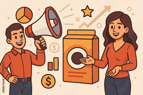 Marketing strategy concept. Man with megaphone and woman promoting a product. Business advertising campaign for sales growth and brand announcement. Vector cartoon illustration.
