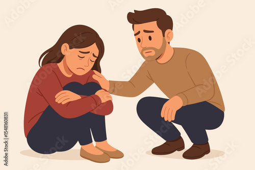 Man helping sad, depressed woman. Compassionate friend offers support and comfort. Concept of empathy, mental health care, psychological help. Therapy for anxiety, stress, grief.