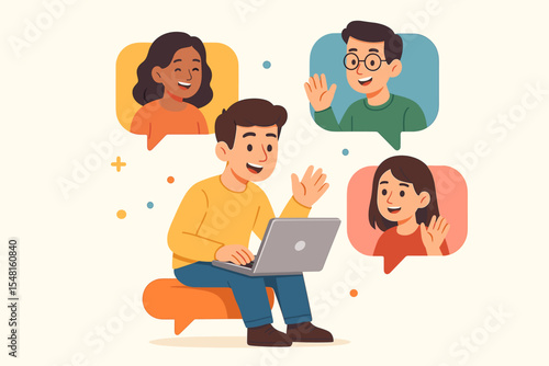 Man using a laptop for a video conference call with a diverse group of friends. Online meeting and virtual communication concept for remote work, social network, and staying connected.