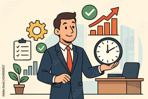 Time management concept. Businessman manages time effectively for business goals and productivity. Corporate success, workflow optimization, efficient planning, and growth strategy.