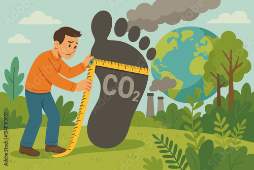 Carbon footprint concept. Man measuring huge CO2 footprint. Environmental impact of emissions. Climate change and global warming. Pollution from industry. Ecological damage concept.