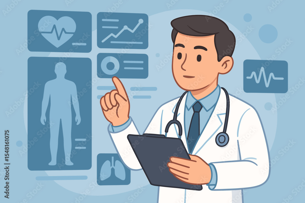 Doctor analyzing patient medical records on a futuristic virtual interface. Telemedicine and digital health concept with EKG, chart analytics, and body scan. Vector cartoon. Doctor analyzing patient medical records on a futuristic virtual interface. Telemedicine and digital health concept with EKG, chart analytics, and body scan. Vector cartoon.