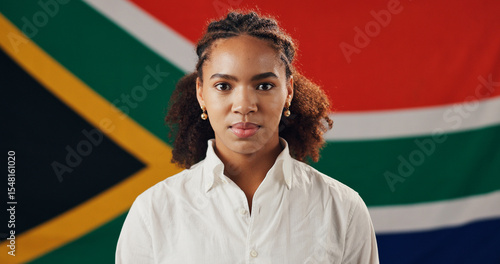 Quadro su tela Portrait, woman and South African flag for national pride, heritage and culture with support