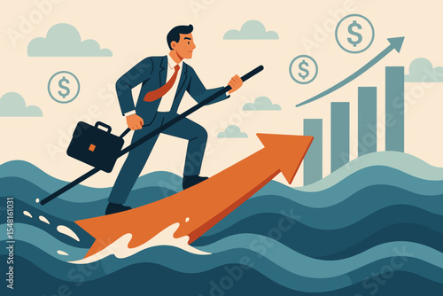 Businessman navigating the financial sea on a growth arrow. Concept of economic recovery. Business success metaphor. Investment strategy and leadership in overcoming challenges.