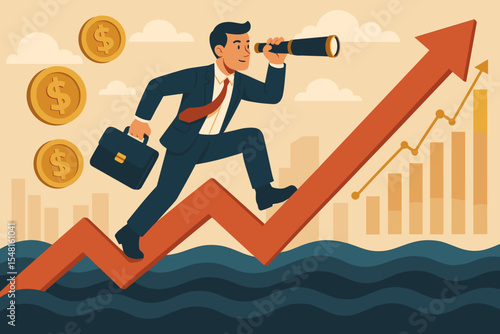 Businessman with a telescope on a rising arrow graph, forecasting future success. Concept for investment strategy, economic recovery, financial growth, and navigating market risk.