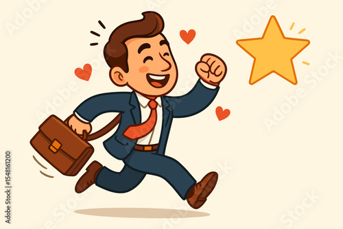 Passionate businessman running to chase a star. Concept of pursuing a dream career, ambition, and job satisfaction. Happy employee achieving goals for fulfillment and success. Vector cartoon.