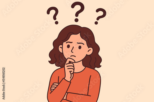 Pensive woman thinking with question marks. Concept of confusion, curiosity, inquiry, and doubt. Thoughtful girl searching for answers, making a choice or solving a problem. FAQ.