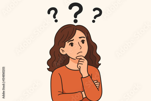 Pensive woman thinking with question marks. Thoughtful girl with curious, confused expression. Concept of doubt, inquiry, problem-solving, making a decision. FAQ vector illustration.